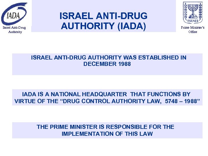 Israel Anti-Drug Authority ISRAEL ANTI-DRUG AUTHORITY (IADA) Prime Minister’s Office ISRAEL ANTI-DRUG AUTHORITY WAS