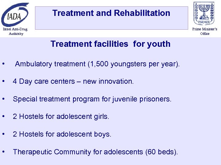 Treatment and Rehabilitation Israel Anti-Drug Authority Prime Minister’s Office Treatment facilities for youth •