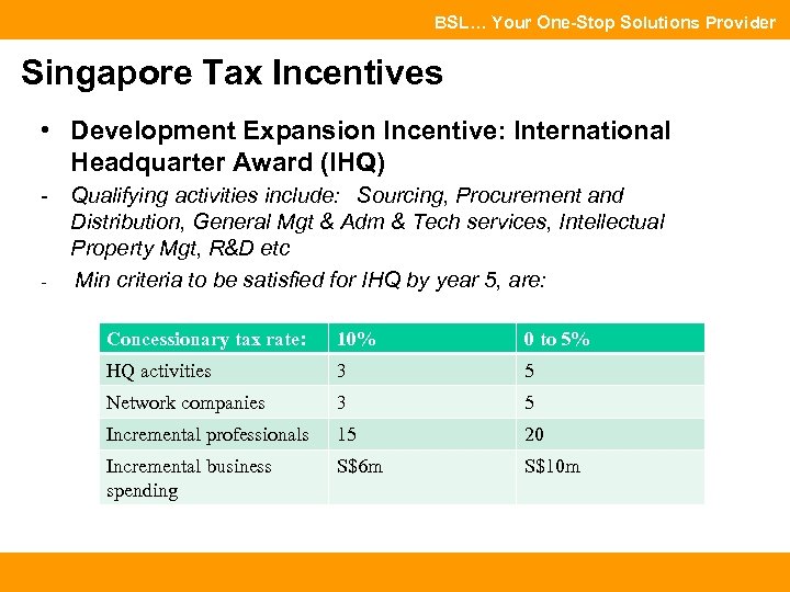 BSL… Your One-Stop Solutions Provider Singapore Tax Incentives • Development Expansion Incentive: International Headquarter