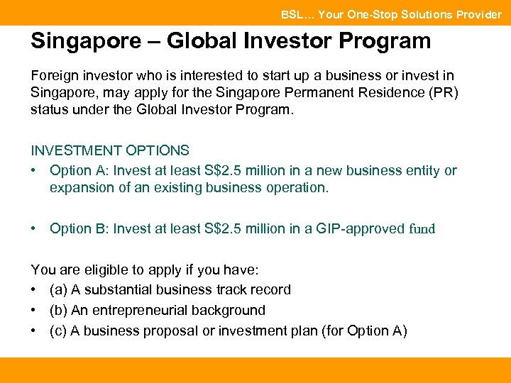 BSL… Your One-Stop Solutions Provider Singapore – Global Investor Program Foreign investor who is