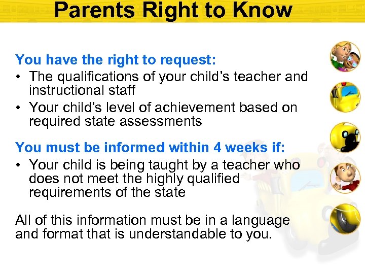 Parents Right to Know You have the right to request: • The qualifications of