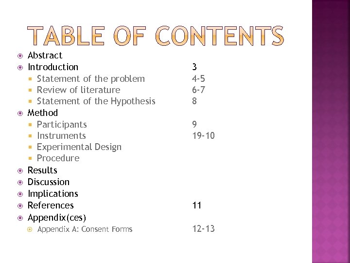  Abstract Introduction Statement of the problem Review of literature Statement of the Hypothesis