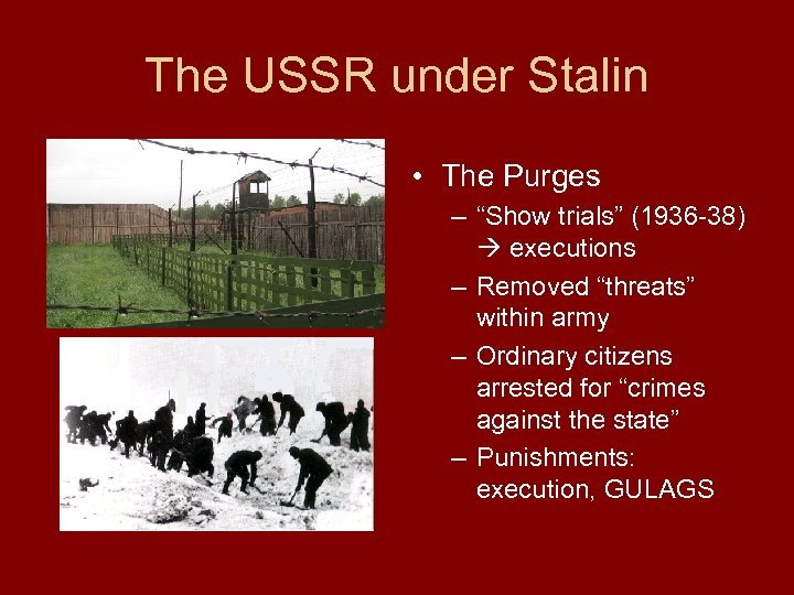 The USSR under Stalin • The Purges – “Show trials” (1936 -38) executions –