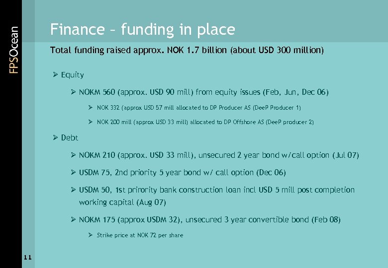 Finance – funding in place Total funding raised approx. NOK 1. 7 billion (about