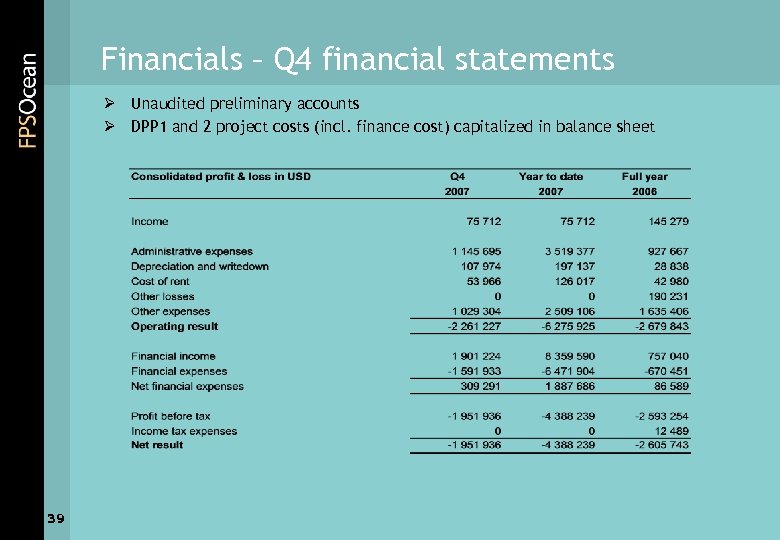 Financials – Q 4 financial statements Ø Unaudited preliminary accounts Ø DPP 1 and