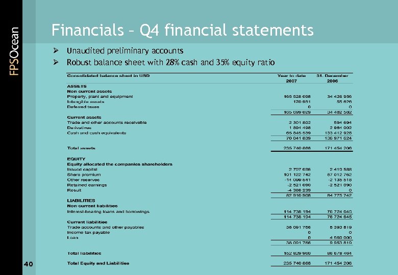 Financials – Q 4 financial statements Ø Unaudited preliminary accounts Ø Robust balance sheet