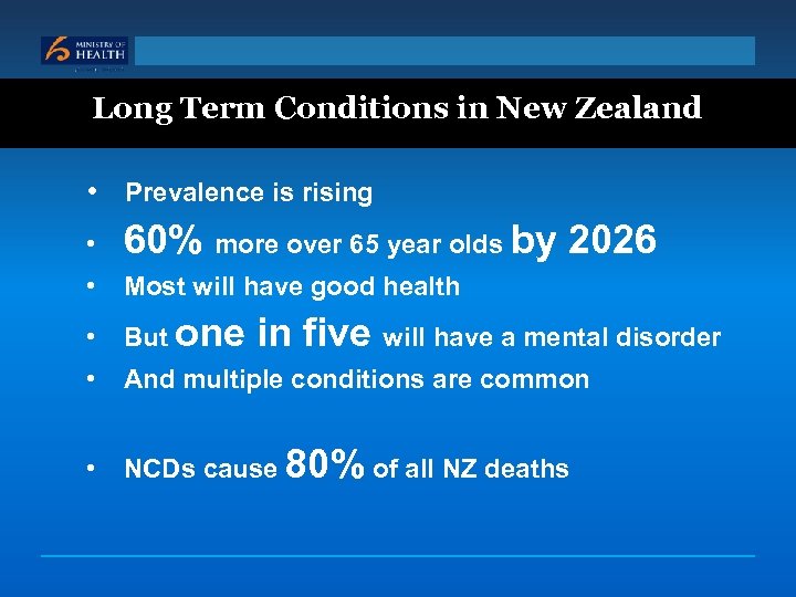 Long Term Conditions in New Zealand • Prevalence is rising • 60% more over