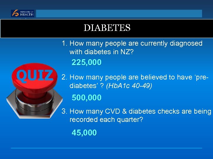 DIABETES 1. How many people are currently diagnosed with diabetes in NZ? 225, 000
