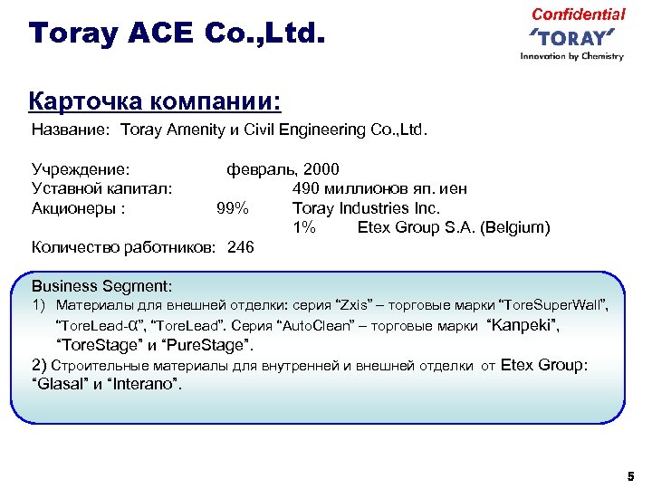 Toray ACE Co. , Ltd. Confidential Карточка компании: Название: 　Toray Amenity и Civil Engineering