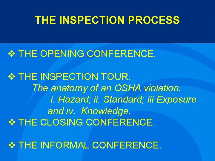 THE INSPECTION PROCESS v THE OPENING CONFERENCE. v THE INSPECTION TOUR. The anatomy of