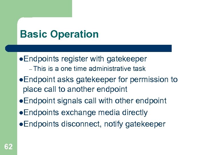 Basic Operation l. Endpoints register with gatekeeper – This is a one time administrative