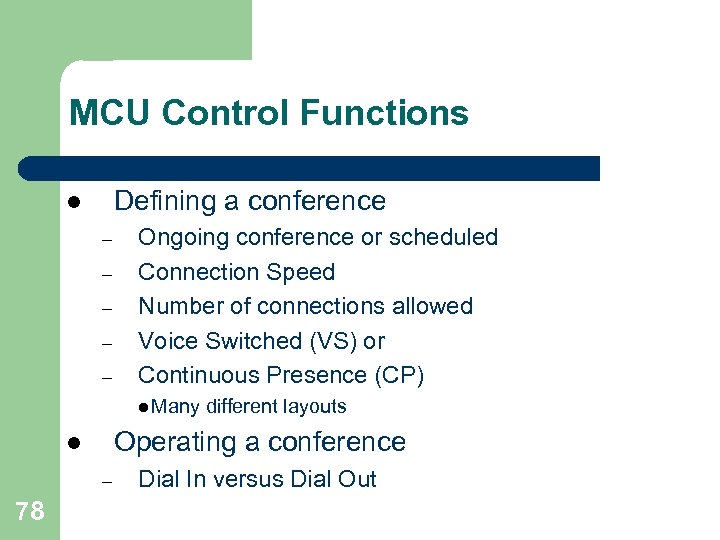 MCU Control Functions Defining a conference l – – – Ongoing conference or scheduled