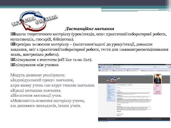 Дистанційне навчання Ш Подача теоретичного матеріалу (урок/лекція, опис практичної/лабораторної роботи, мультимедіа, глосарій, бібліотека). Ш