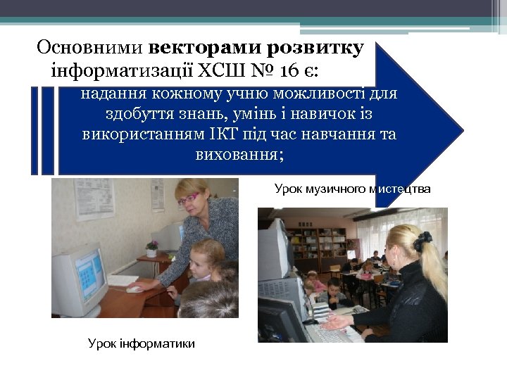 Основними векторами розвитку інформатизації ХСШ № 16 є: надання кожному учню можливості для здобуття