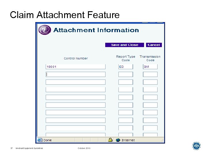 Claim Attachment Feature 37 Medical Equipment Guidelines October 2010 