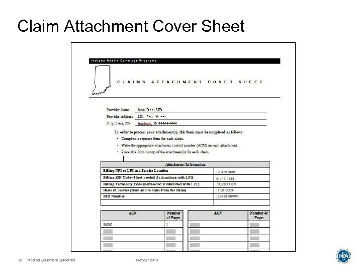 Claim Attachment Cover Sheet 39 Medical Equipment Guidelines October 2010 