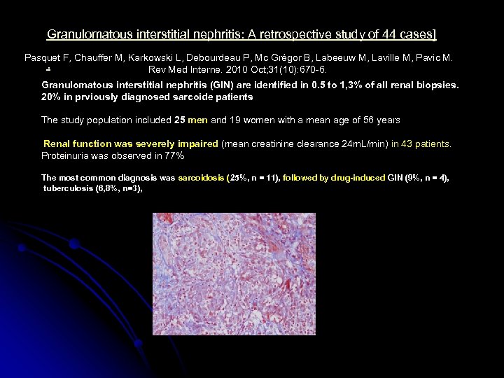 Granulomatous interstitial nephritis: A retrospective study of 44 cases] Pasquet F, Chauffer M, Karkowski