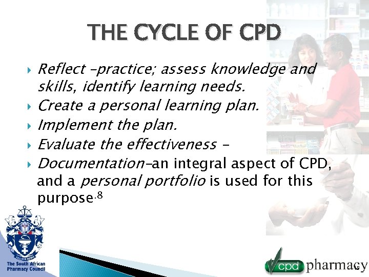 THE CYCLE OF CPD Reflect –practice; assess knowledge and skills, identify learning needs. Create