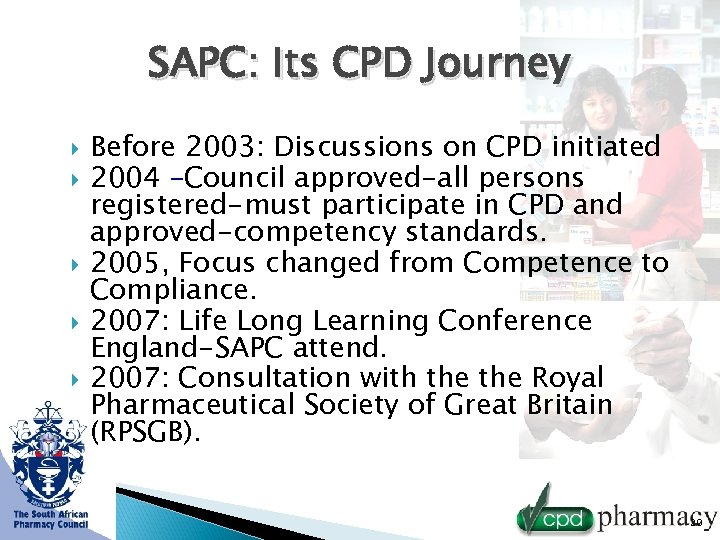 SAPC: Its CPD Journey Before 2003: Discussions on CPD initiated 2004 –Council approved-all persons