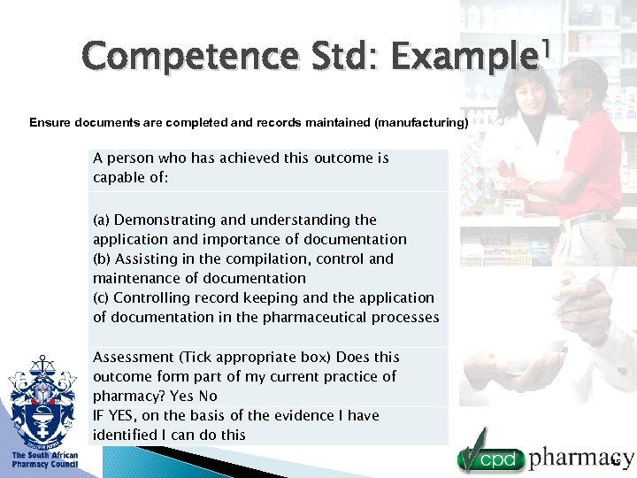 Competence Std: Example 1 Ensure documents are completed and records maintained (manufacturing) A person