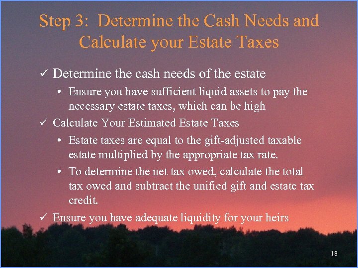 Step 3: Determine the Cash Needs and Calculate your Estate Taxes ü Determine the