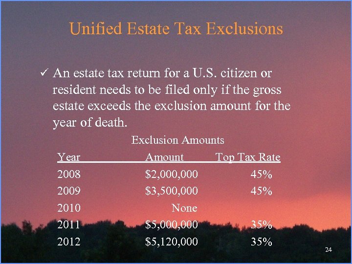 Unified Estate Tax Exclusions ü An estate tax return for a U. S. citizen