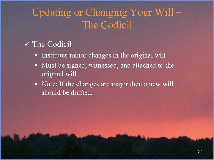 Updating or Changing Your Will – The Codicil ü The Codicil • Institutes minor
