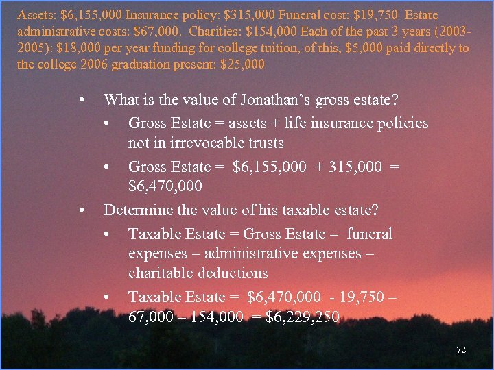 Assets: $6, 155, 000 Insurance policy: $315, 000 Funeral cost: $19, 750 Estate administrative