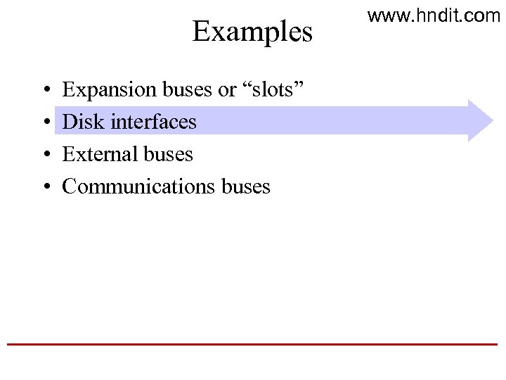 Examples • • Expansion buses or “slots” Disk interfaces External buses Communications buses www.