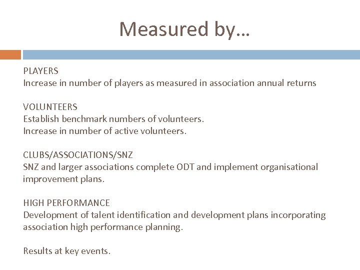 Measured by… PLAYERS Increase in number of players as measured in association annual returns