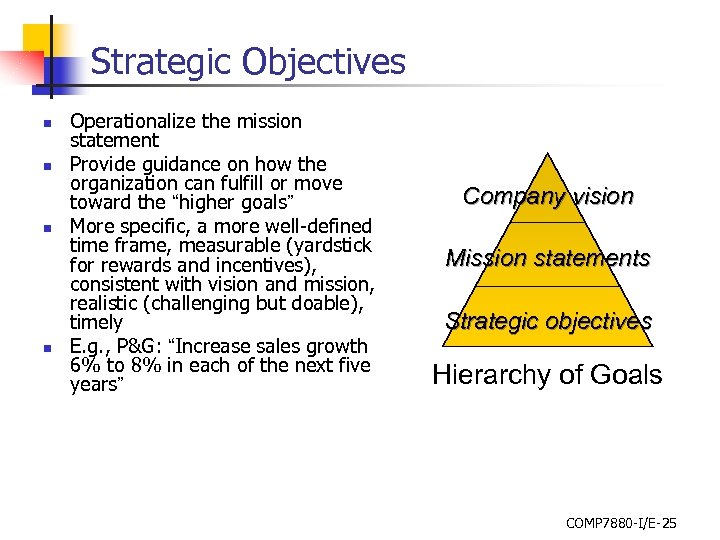 Strategic Objectives n n Operationalize the mission statement Provide guidance on how the organization