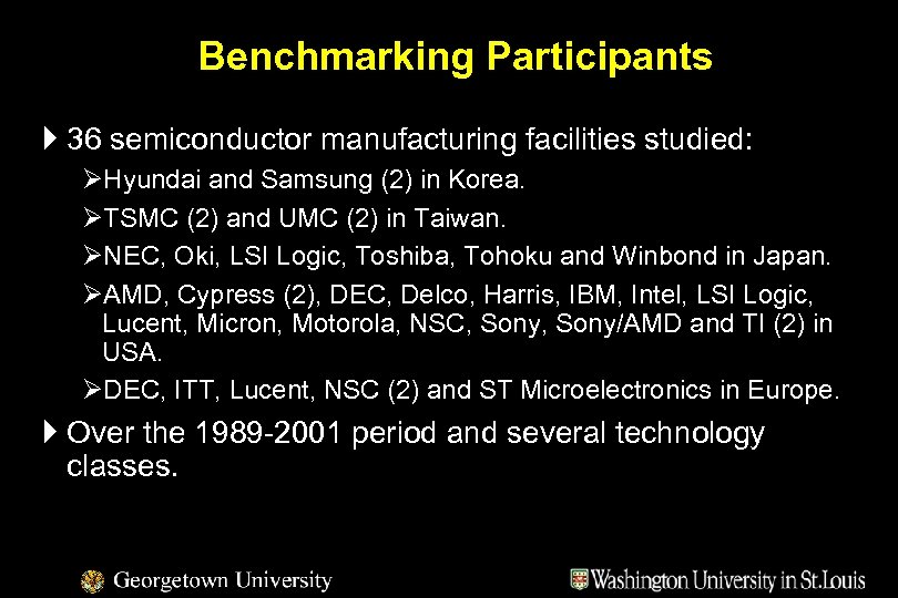 Benchmarking Participants } 36 semiconductor manufacturing facilities studied: ØHyundai and Samsung (2) in Korea.
