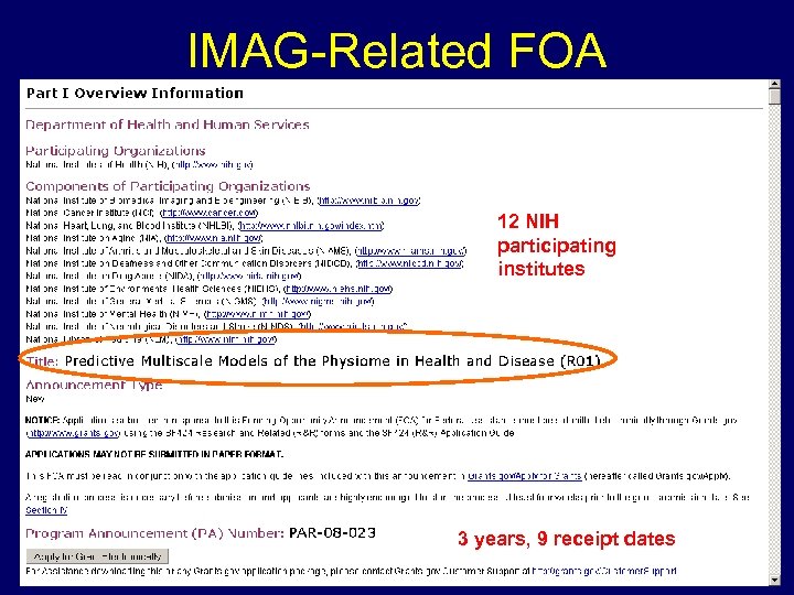 IMAG-Related FOA 12 NIH participating institutes 3 years, 9 receipt dates 