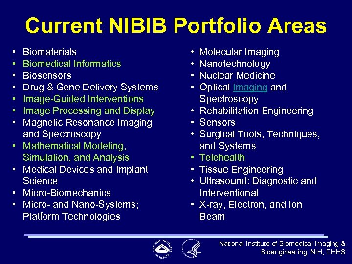Current NIBIB Portfolio Areas • • • Biomaterials Biomedical Informatics Biosensors Drug & Gene