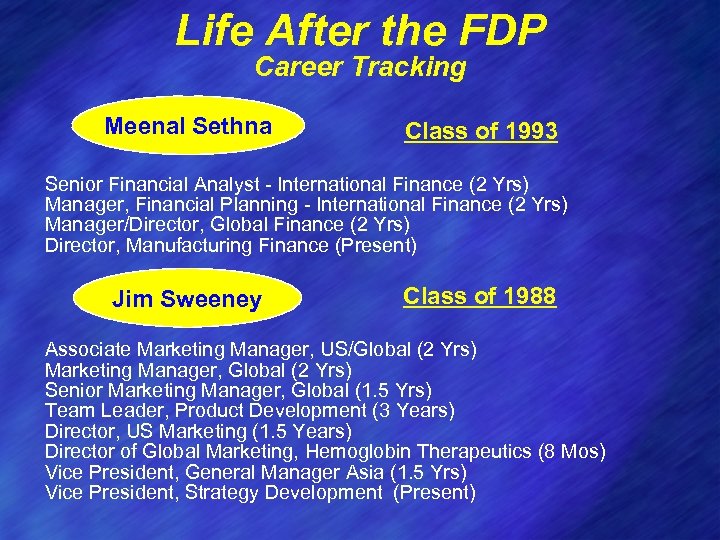 Life After the FDP Career Tracking Meenal Sethna Class of 1993 Senior Financial Analyst
