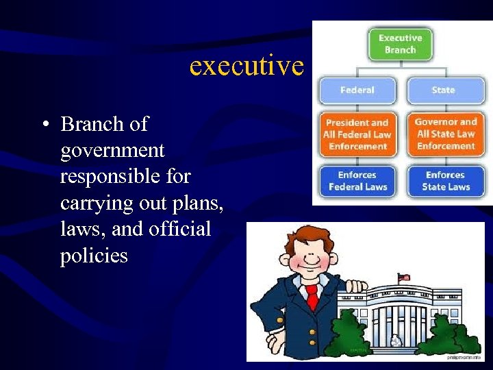 executive • Branch of government responsible for carrying out plans, laws, and official policies