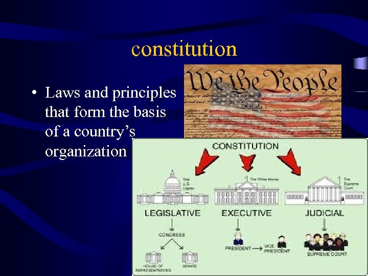 constitution • Laws and principles that form the basis of a country’s organization 