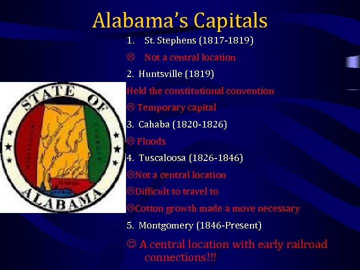 Alabama’s Capitals 1. Stephens (1817 -1819) Not a central location 2. Huntsville (1819) Held