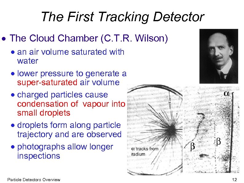 The First Tracking Detector The Cloud Chamber (C. T. R. Wilson) an air volume