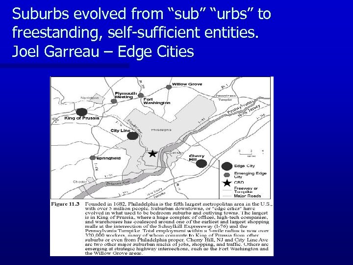 Suburbs evolved from “sub” “urbs” to freestanding, self-sufficient entities. Joel Garreau – Edge Cities