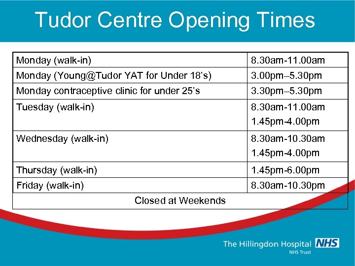 Tudor Centre Opening Times Monday (walk-in) 8. 30 am-11. 00 am Monday (Young@Tudor YAT