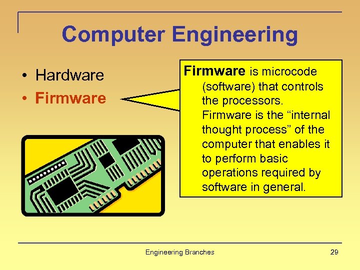 Computer Engineering • Hardware • Firmware is microcode (software) that controls the processors. Firmware