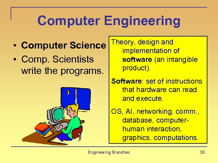 Computer Engineering • Computer Science • Comp. Scientists write the programs. Theory, design and