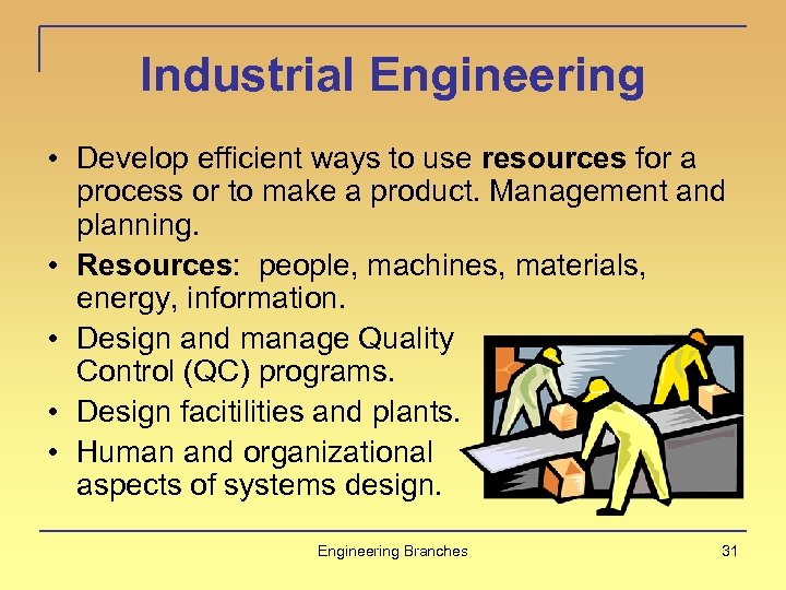 Industrial Engineering • Develop efficient ways to use resources for a process or to
