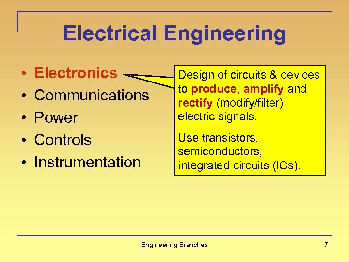 Electrical Engineering • • • Electronics Communications Power Controls Instrumentation Design of circuits &