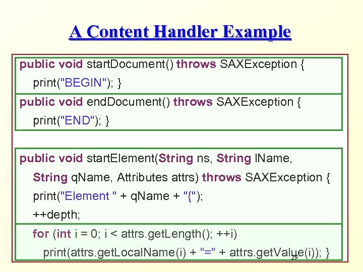 A Content Handler Example public void start. Document() throws SAXException { print(