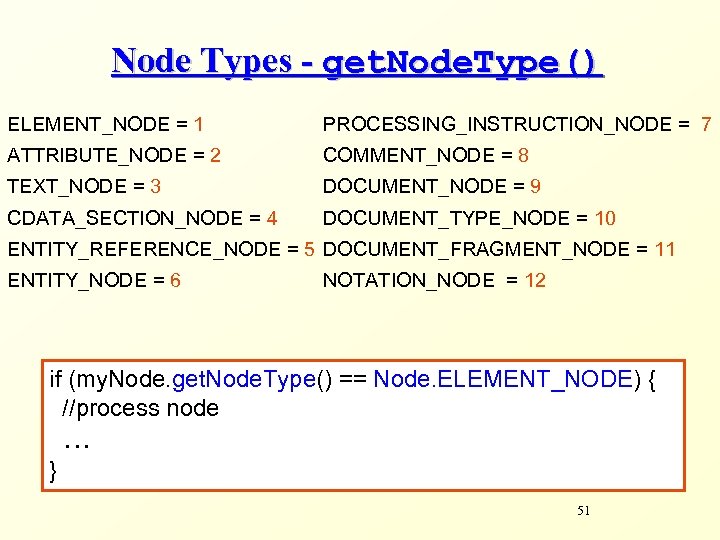 Node Types - get. Node. Type() ELEMENT_NODE = 1 PROCESSING_INSTRUCTION_NODE = 7 ATTRIBUTE_NODE =