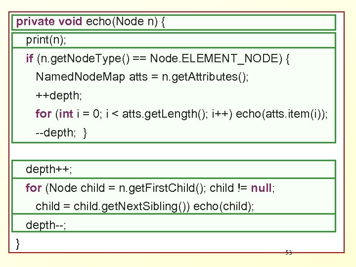private void echo(Node n) { print(n); if (n. get. Node. Type() == Node. ELEMENT_NODE)