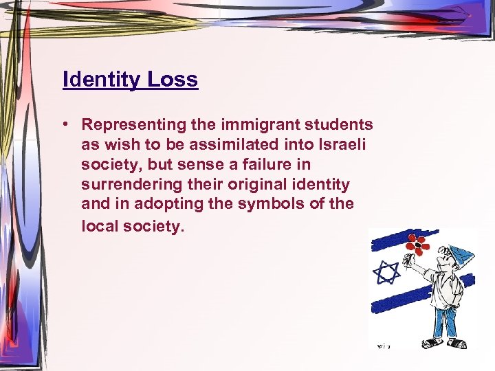Identity Loss • Representing the immigrant students as wish to be assimilated into Israeli