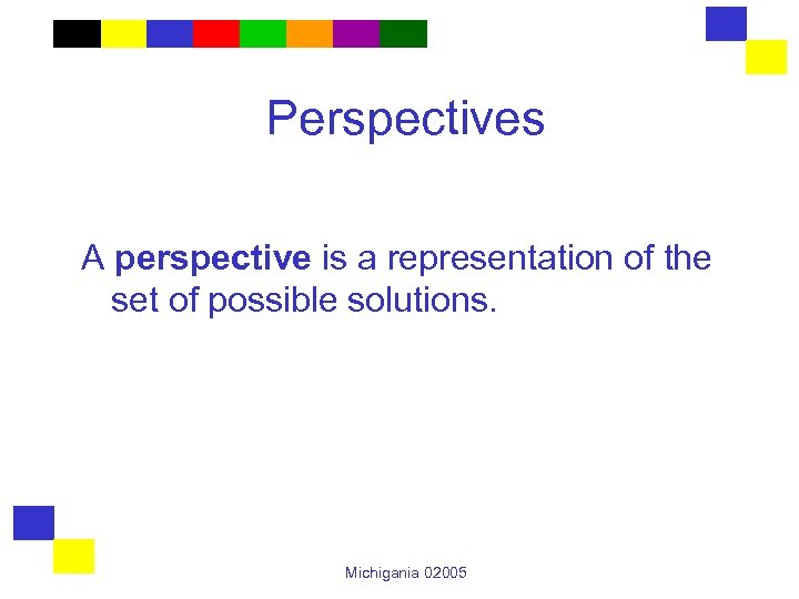 Perspectives A perspective is a representation of the set of possible solutions. Michigania 02005